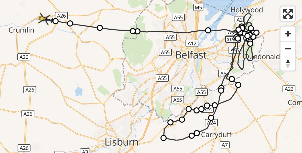 Flight route Police Helicopter George Best Belfast City Airport - Crumlin, 15 October 2026, 18:25