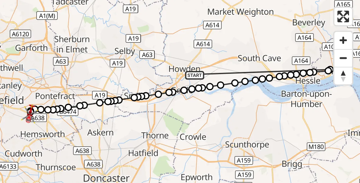 Flight route Air Ambulance Helicopter Balkholme - YAA Nostell Helicopter Port, 15 October 2026, 18:25