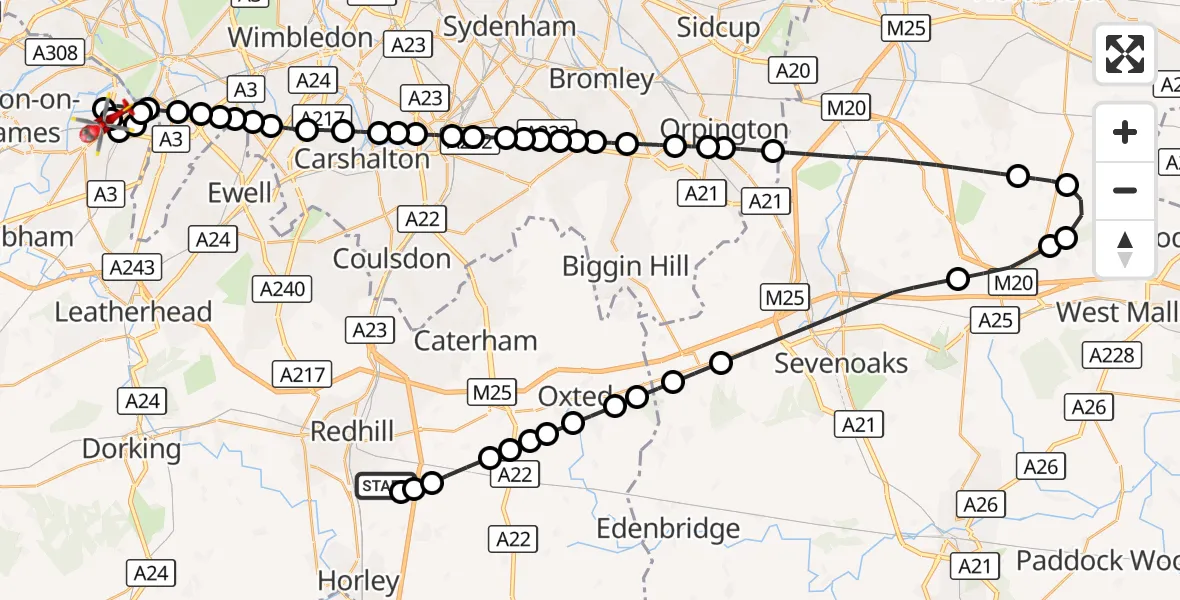 Flight route Air Ambulance Helicopter Redhill Aerodrome - Esher, 15 October 2026, 18:35