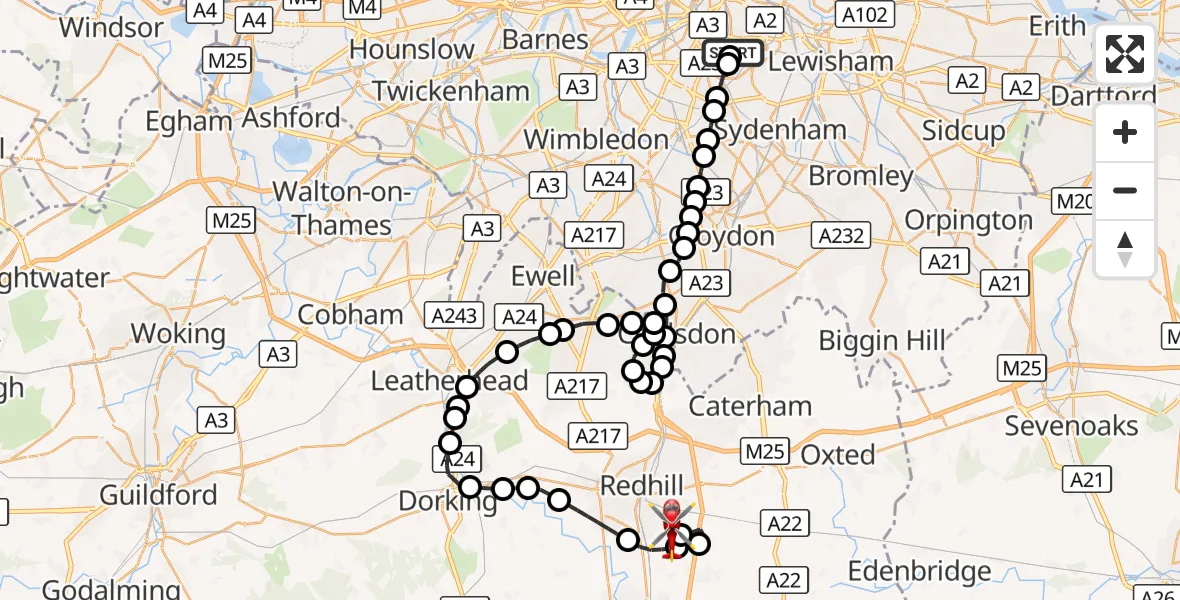 Flight route Air Ambulance Helicopter Kings College London Hospital - Redhill Aerodrome, 15 October 2026, 18:42