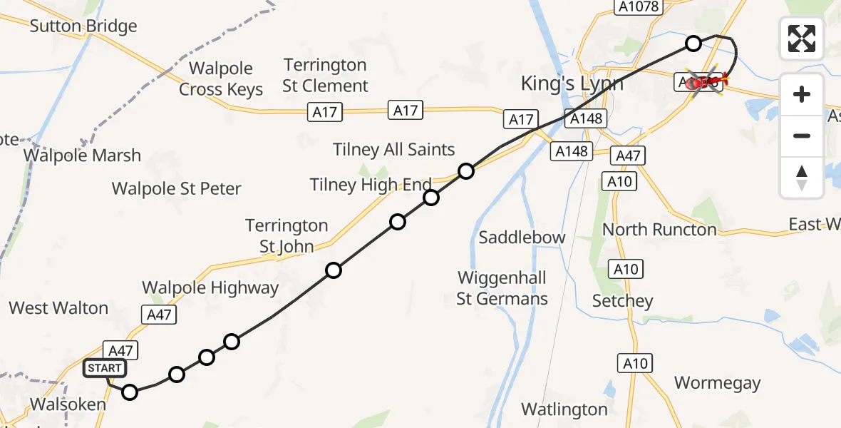 Flight route Air Ambulance Helicopter Walton Highway - King's Lynn and West Norfolk, 15 October 2026, 18:44