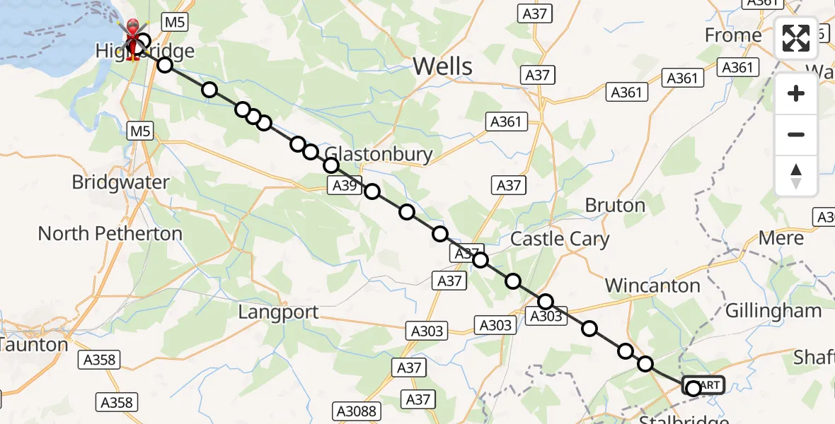 Flight route Air Ambulance Helicopter Henstridge Airfield - Burnham-on-Sea, 15 October 2026, 18:57