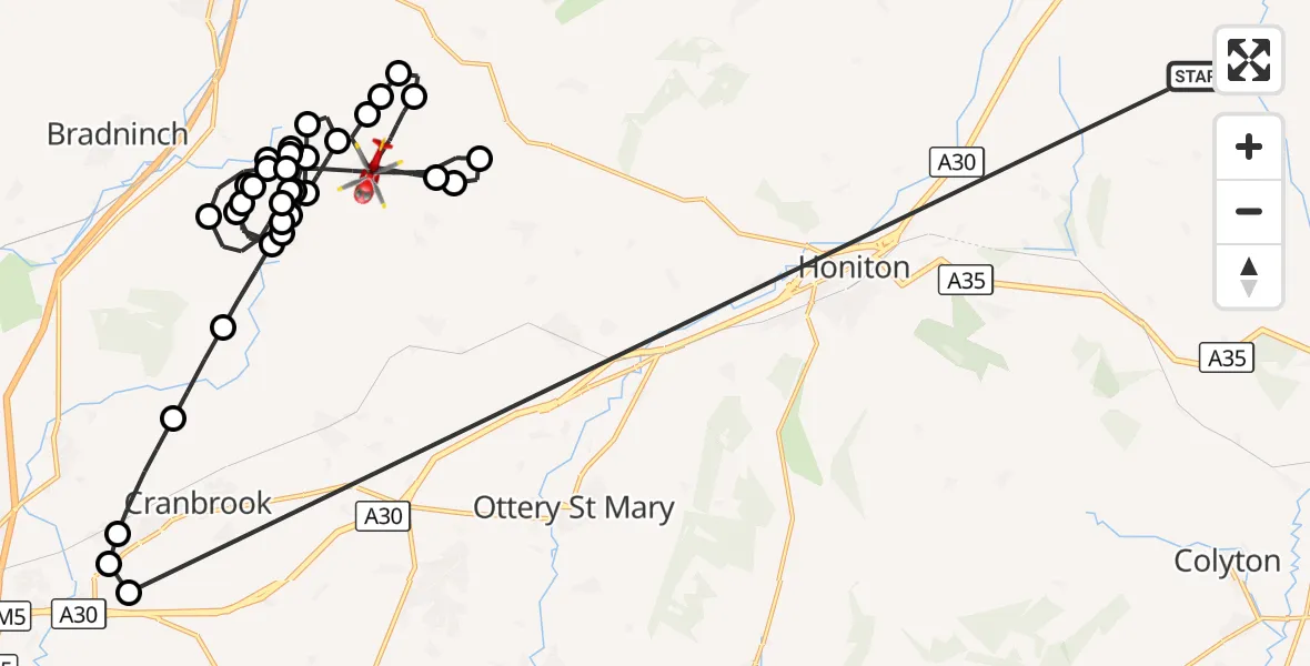Flight route Air Ambulance Helicopter Stockland - Plymtree, 15 October 2026, 19:08
