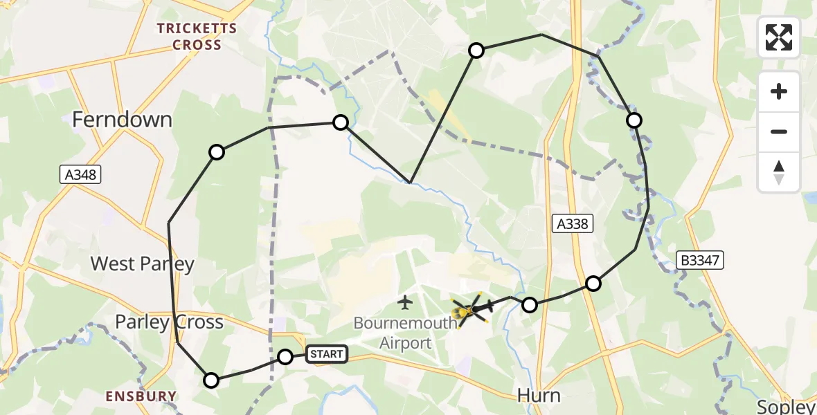 Flight route Police Helicopter Bournemouth Airport - Bournemouth Airport, 15 October 2026, 19:22