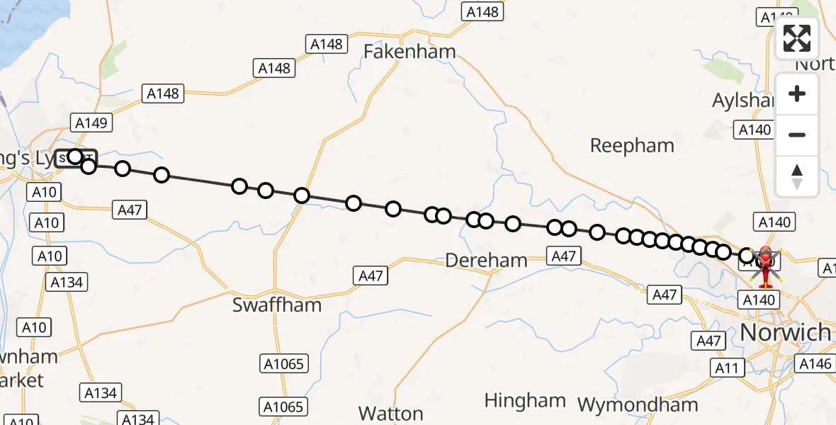 Flight route Air Ambulance Helicopter Queen Elizabeth Hospital - Norwich Airport, 15 October 2026, 19:30