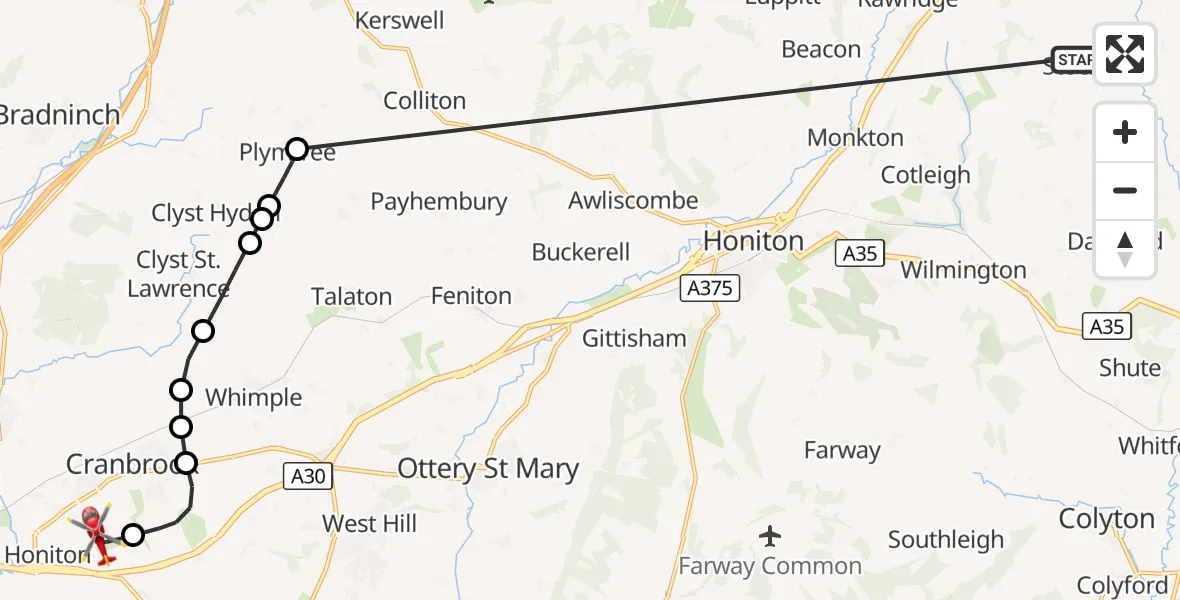 Flight route Air Ambulance Helicopter Stockland - Exeter International Airport, 15 October 2026, 19:36