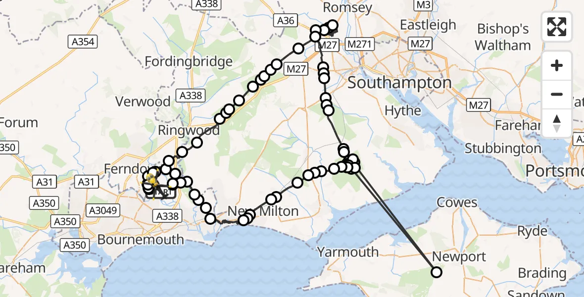 Flight route Police Helicopter Bournemouth Airport - Bournemouth Airport, 15 October 2026, 19:37