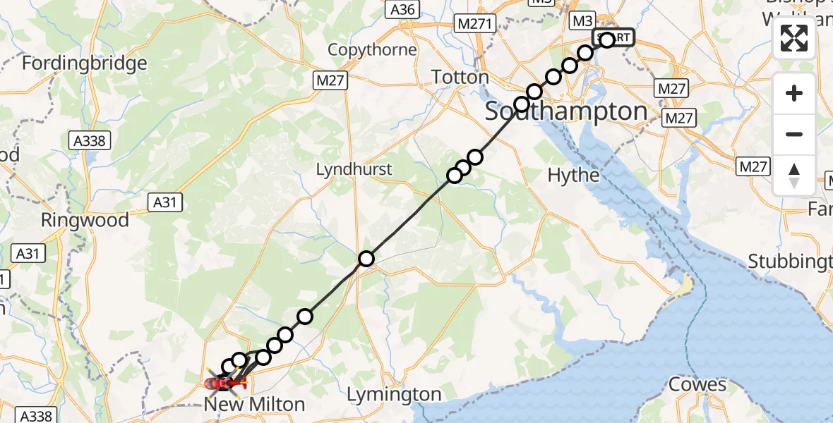 Flight route Air Ambulance Helicopter Southampton Airport - New Forest, 15 October 2026, 19:48