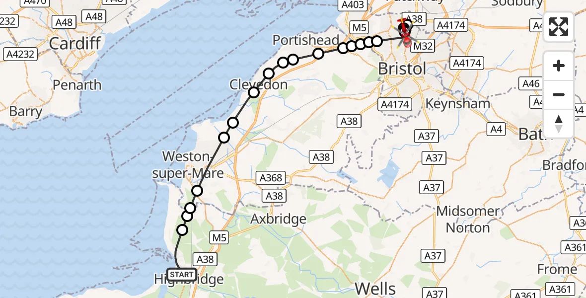 Flight route Air Ambulance Helicopter Burnham-on-Sea - Bristol, 15 October 2026, 19:52