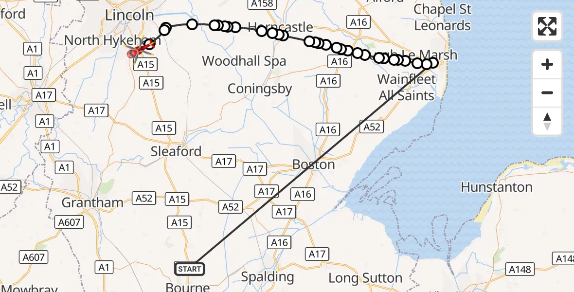 Flight route Air Ambulance Helicopter Morton - North Kesteven, 15 October 2026, 20:04