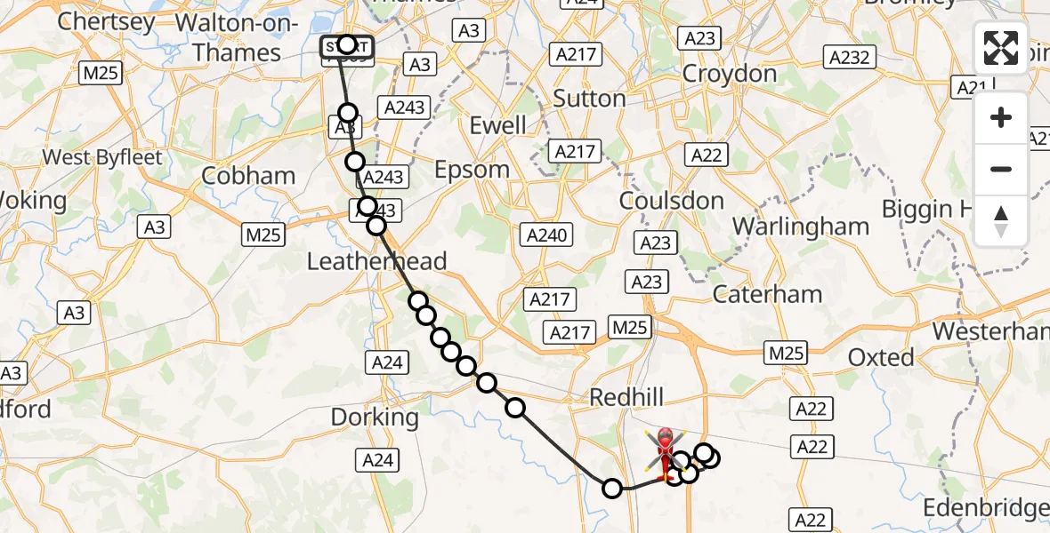 Flight route Air Ambulance Helicopter Thames Ditton - Redhill Aerodrome, 15 October 2026, 20:15