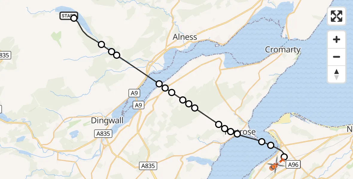 Flight route Coastguard Helicopter Loch Glass - Inverness Airport, 15 October 2026, 20:23