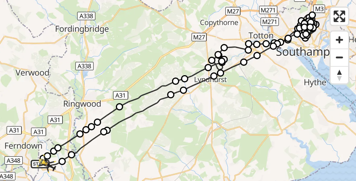 Flight route Police Helicopter Parley Cross - Bournemouth Airport, 15 October 2026, 20:54