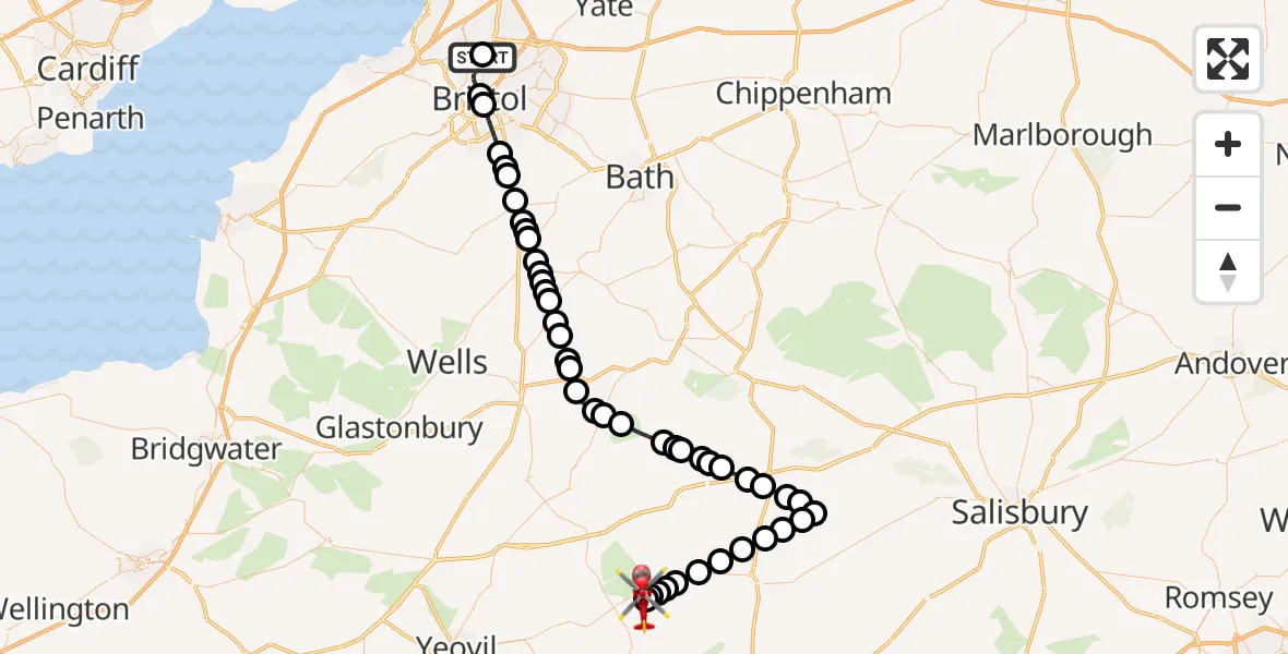 Flight route Air Ambulance Helicopter Southmead Hospital - Henstridge Airfield, 15 October 2026, 20:57