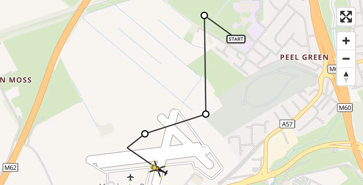 Flight route Police Helicopter Worsley - Manchester Barton Aerodrome, 15 October 2026, 21:09