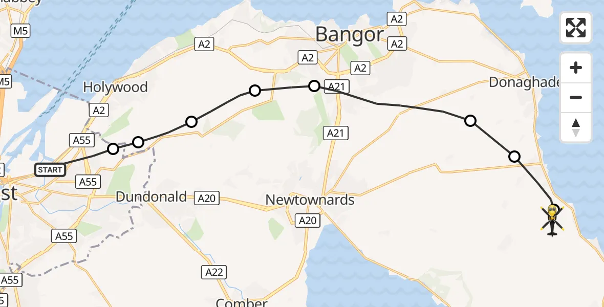 Flight route Police Helicopter George Best Belfast City Airport - Bangor, 15 October 2026, 22:06