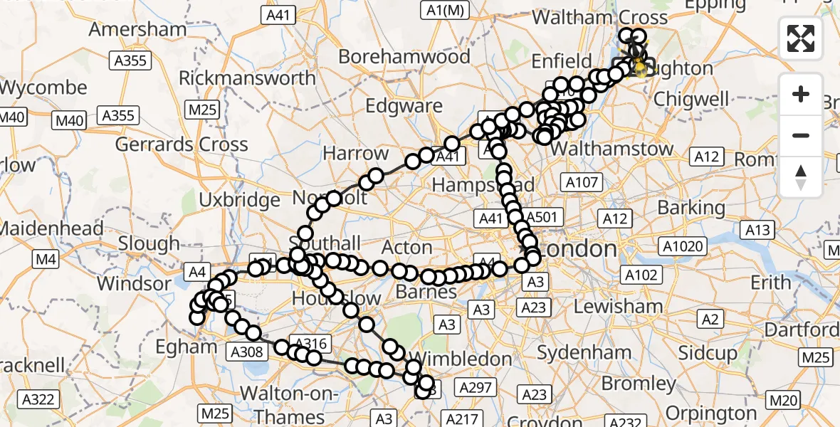 Flight route Police Helicopter Sewardstonebury - Sewardstonebury, 15 October 2026, 22:06