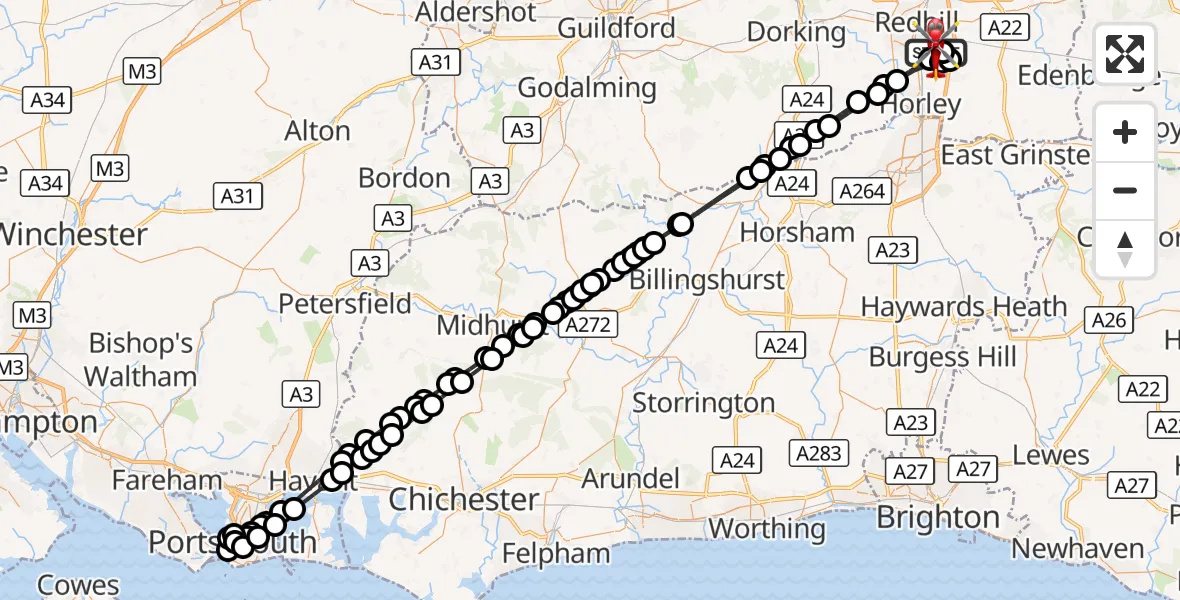 Flight route Air Ambulance Helicopter Redhill Aerodrome - Redhill Aerodrome, 15 October 2026, 22:12