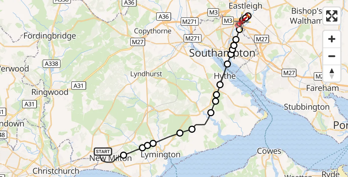 Flight route Air Ambulance Helicopter New Milton - Southampton Airport, 15 October 2026, 23:04