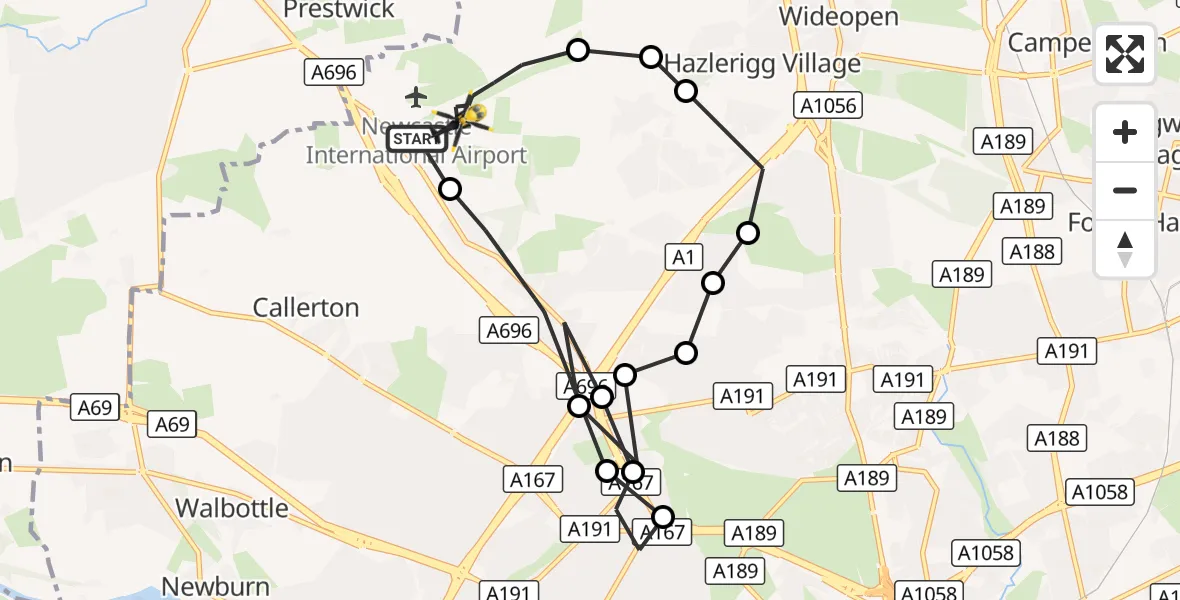 Flight route Police Helicopter Newcastle International Airport - Newcastle International Airport, 16 October 2026, 00:55