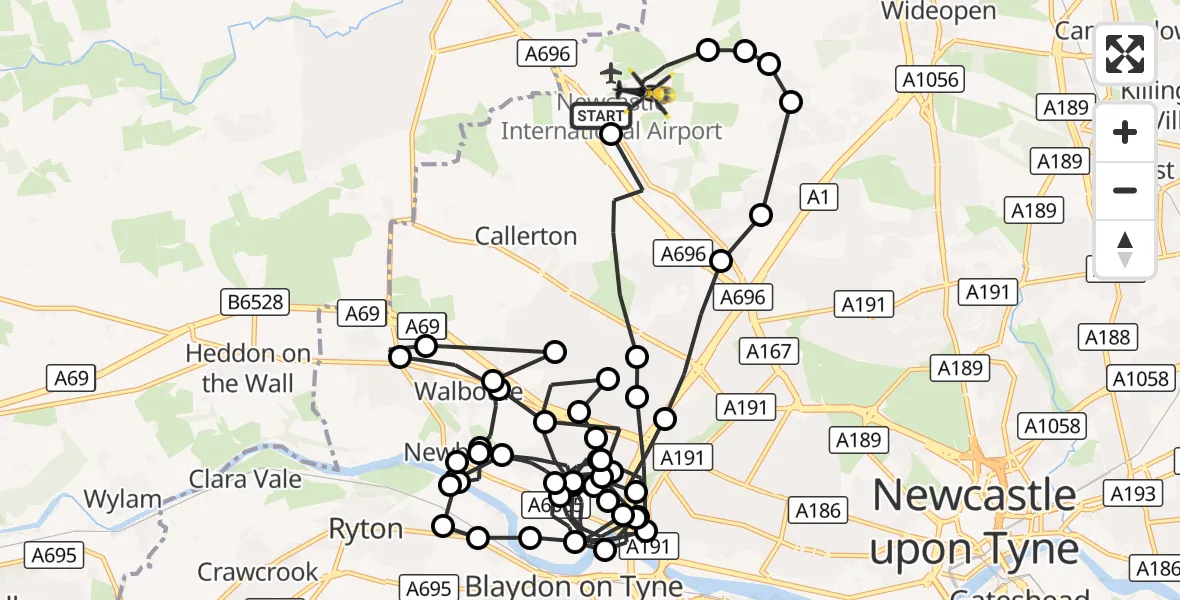Flight route Police Helicopter Newcastle International Airport - Newcastle International Airport, 16 October 2026, 01:07