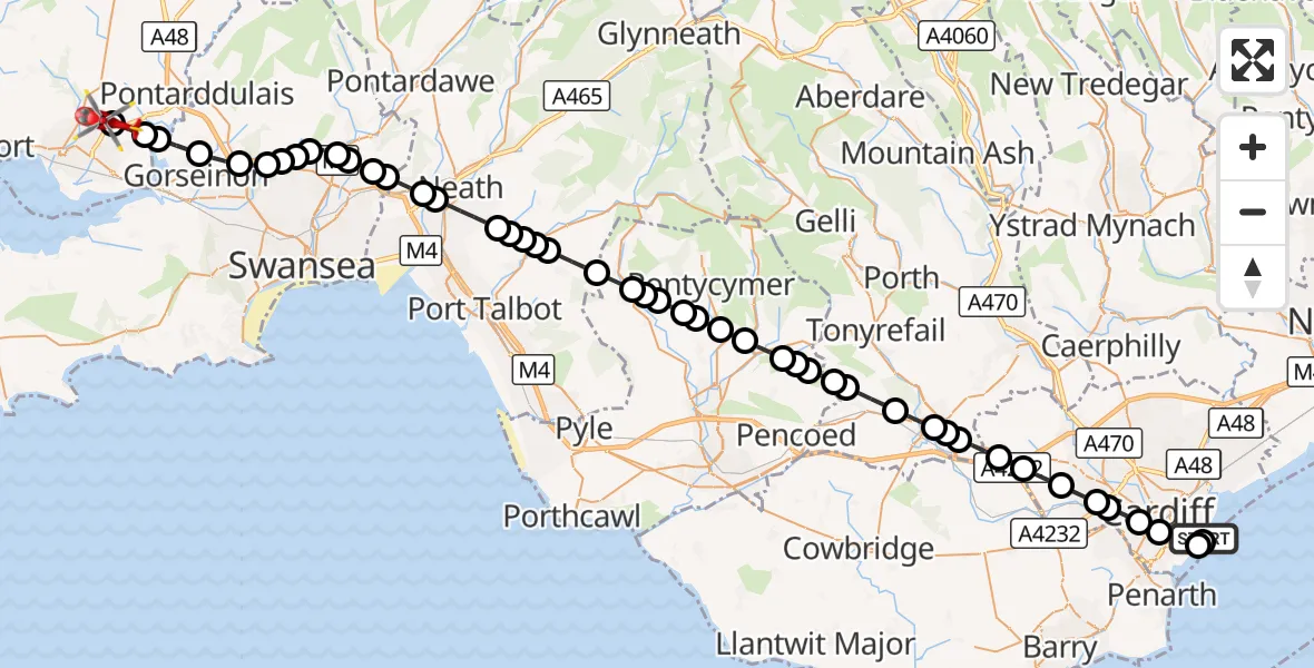 Flight route Air Ambulance Helicopter Cardiff Heliport - Dafen, 16 October 2026, 01:34