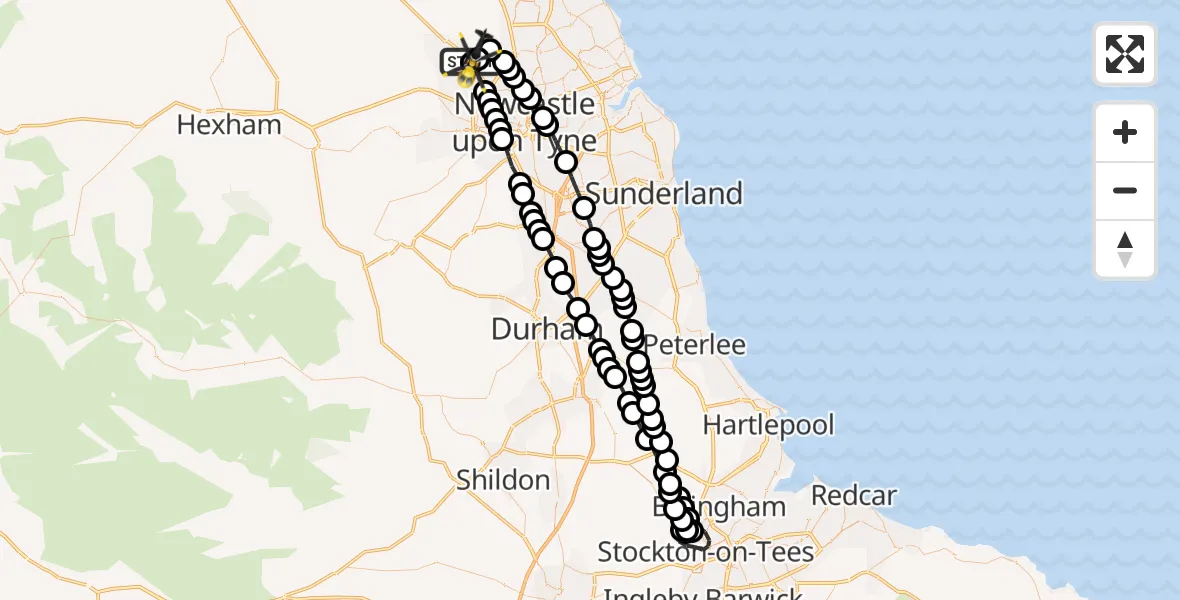 Flight route Police Helicopter Newcastle International Airport - Newcastle International Airport, 16 October 2026, 02:55