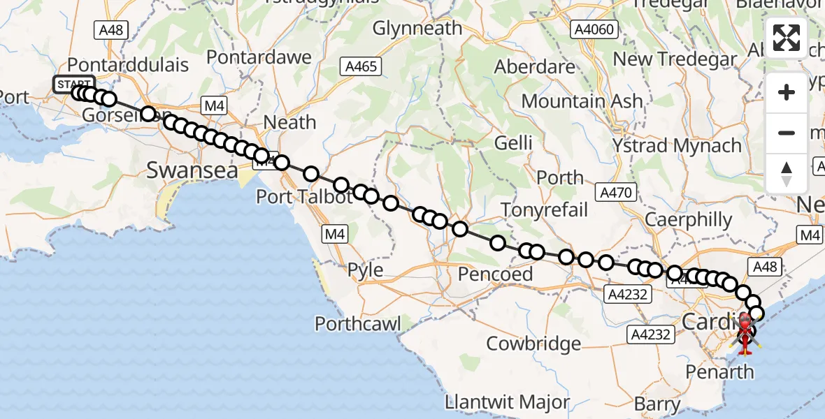 Flight route Air Ambulance Helicopter Dafen - Cardiff Heliport, 16 October 2026, 03:19