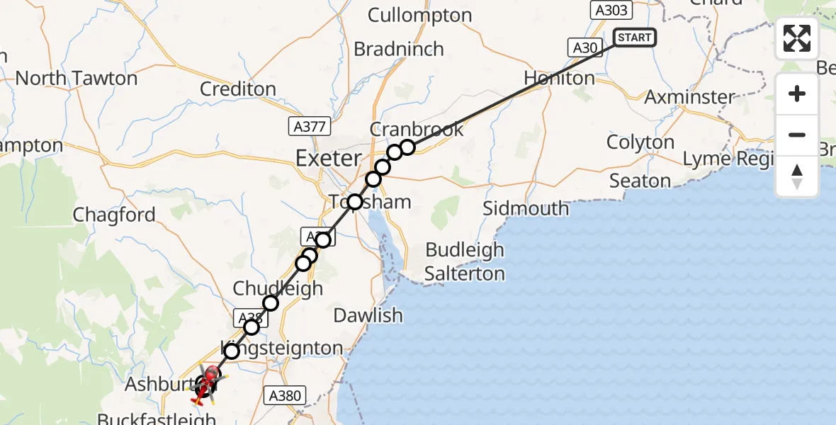 Flight route Air Ambulance Helicopter Stockland - Teignbridge, 16 October 2026, 06:52