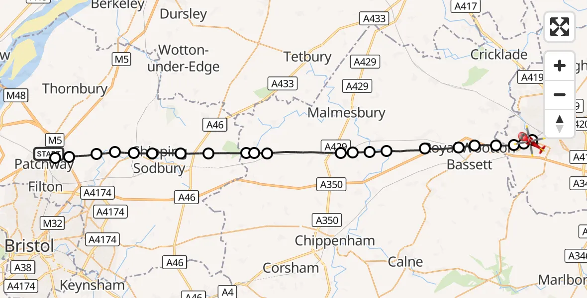 Flight route Air Ambulance Helicopter Patchway - Swindon, 16 October 2026, 07:00
