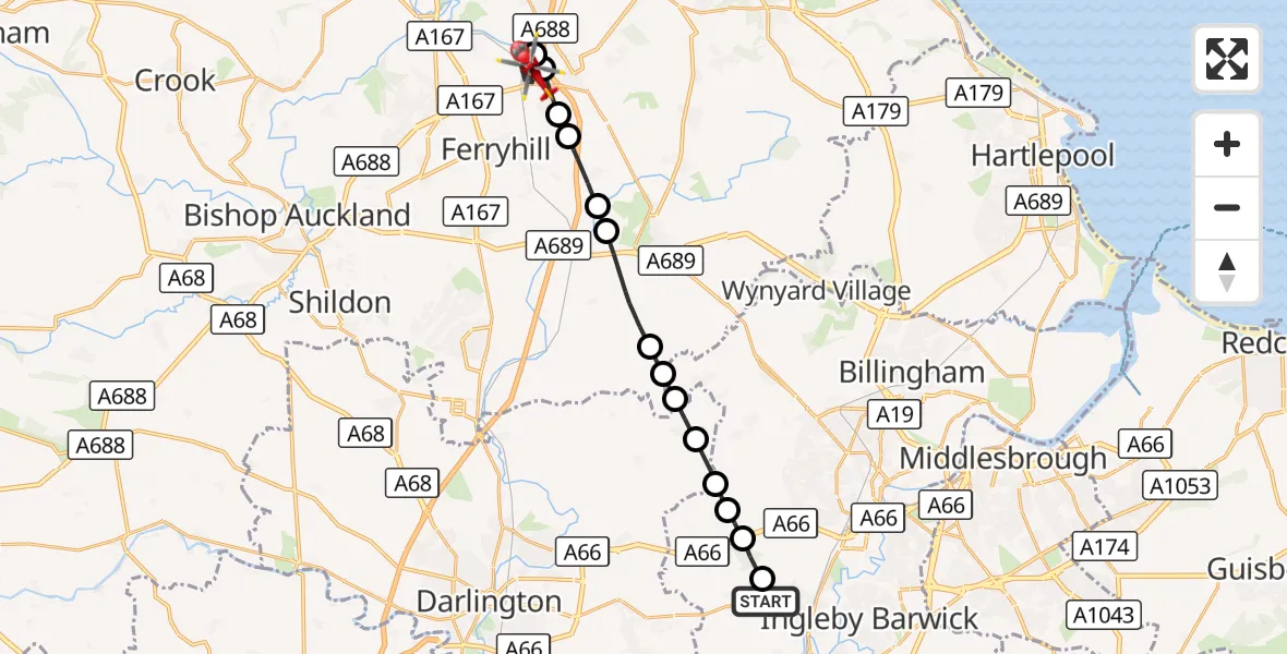 Flight route Air Ambulance Helicopter Egglescliffe - West Cornforth, 16 October 2026, 07:08