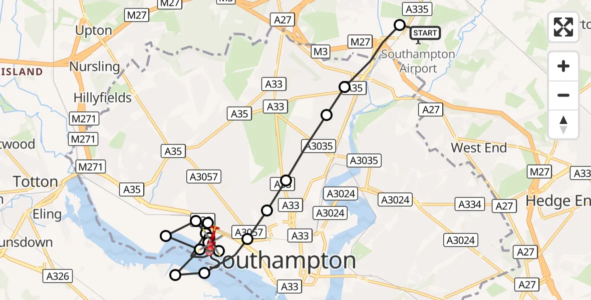 Flight route Air Ambulance Helicopter Southampton Airport - New Forest, 16 October 2026, 07:48