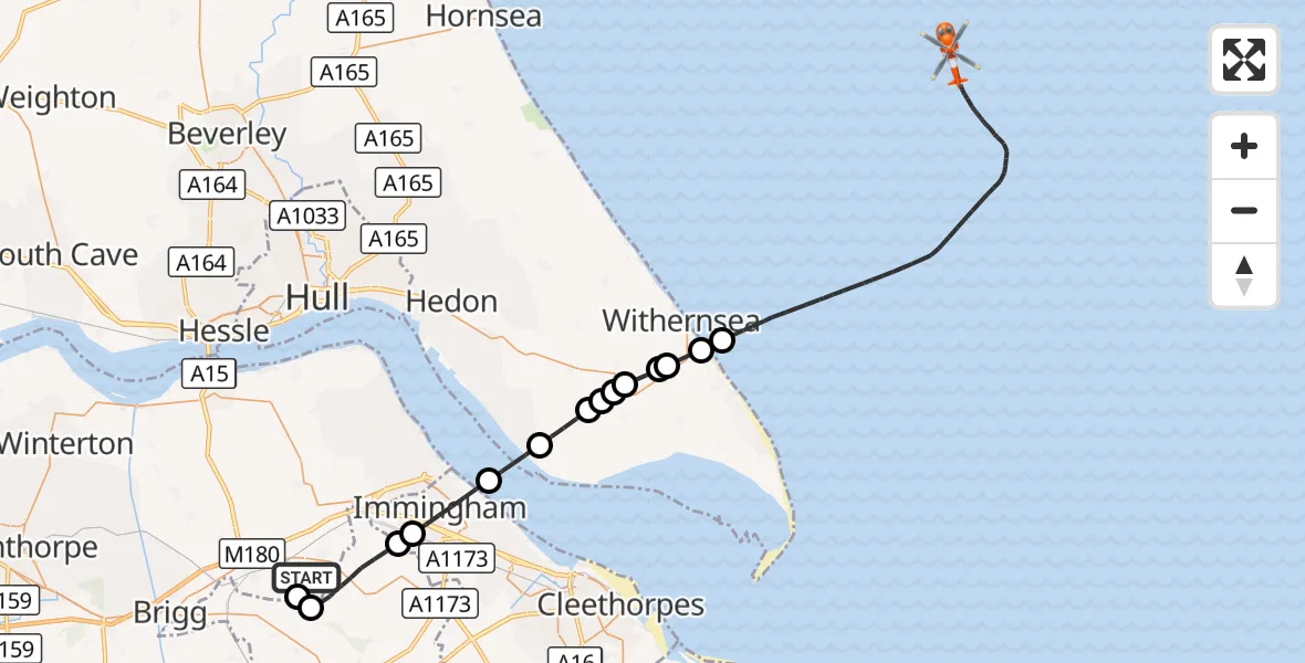 Flight route Coastguard Helicopter Humberside Airport - North Sea, 16 October 2026, 07:57