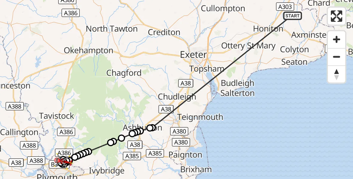 Flight route Air Ambulance Helicopter Stockland - Derriford Hospital, 16 October 2026, 08:06