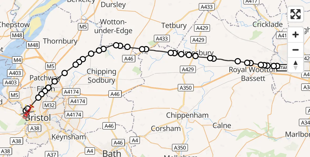 Flight route Air Ambulance Helicopter Swindon - Bristol, 16 October 2026, 08:14