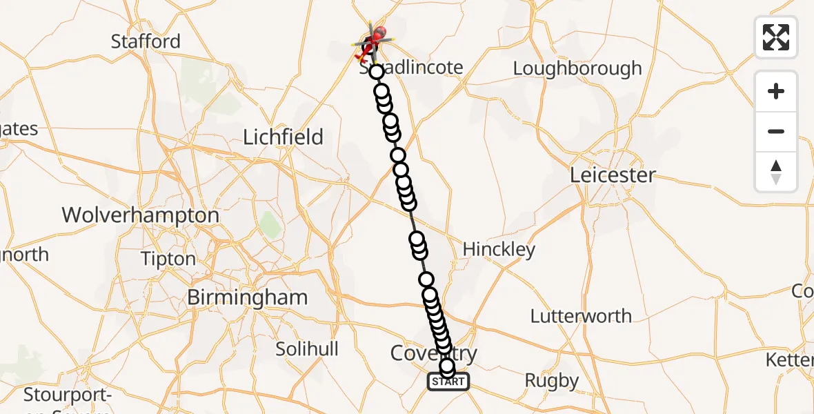 Flight route Air Ambulance Helicopter Coventry Airport - Burton upon Trent, 16 October 2026, 08:19