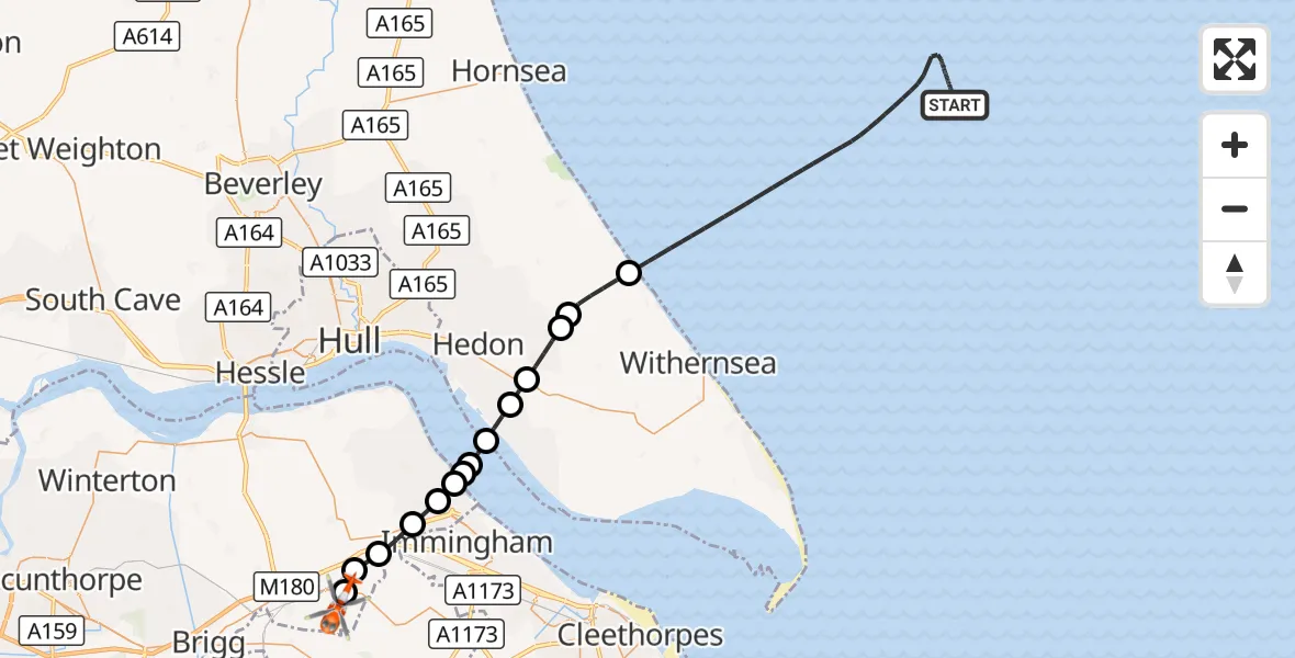 Flight route Coastguard Helicopter North Sea - Humberside Airport, 16 October 2026, 08:30