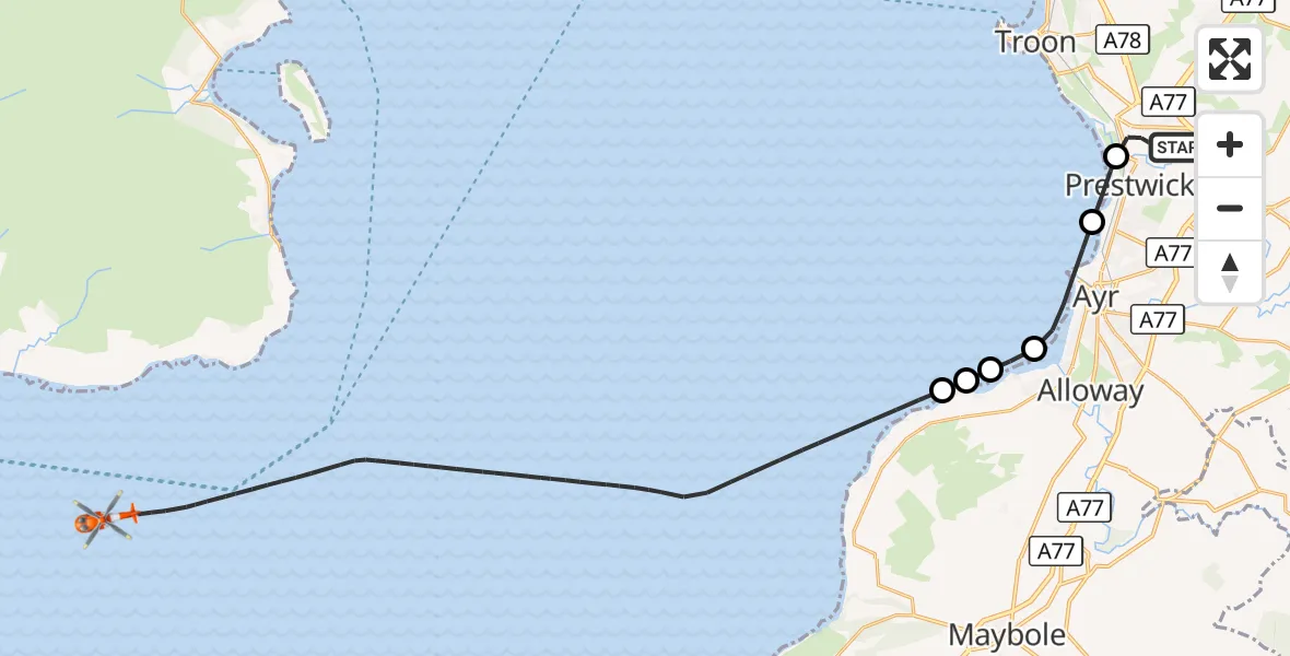Flight route Coastguard Helicopter Glasgow Prestwick Airport - Inner Seas, 16 October 2026, 09:03
