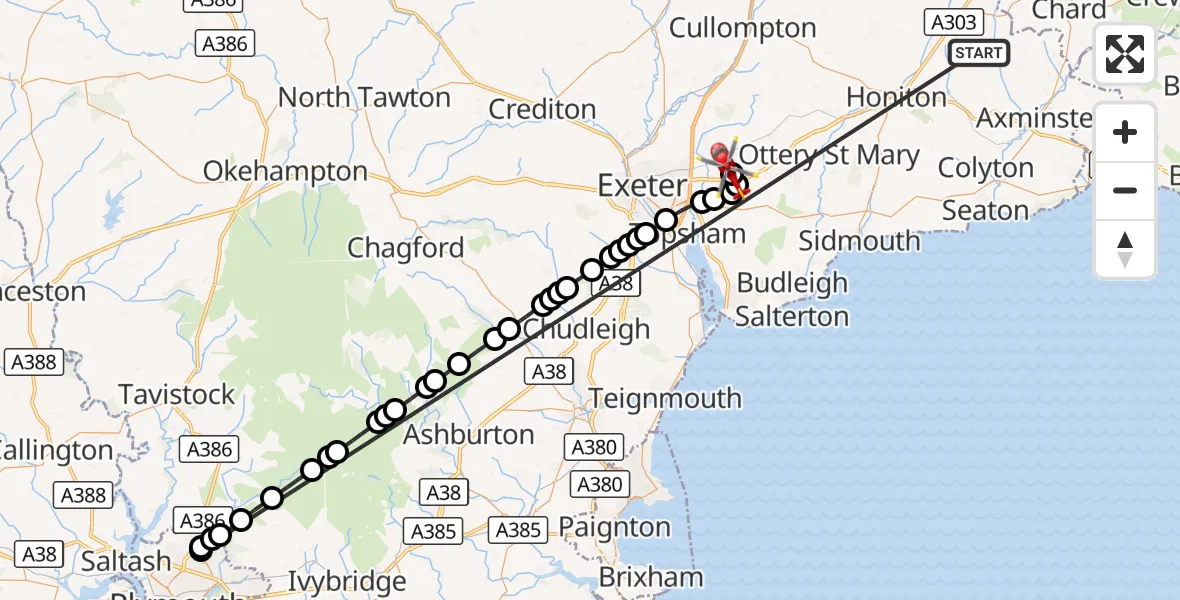 Flight route Air Ambulance Helicopter Stockland - Exeter International Airport, 16 October 2026, 09:08
