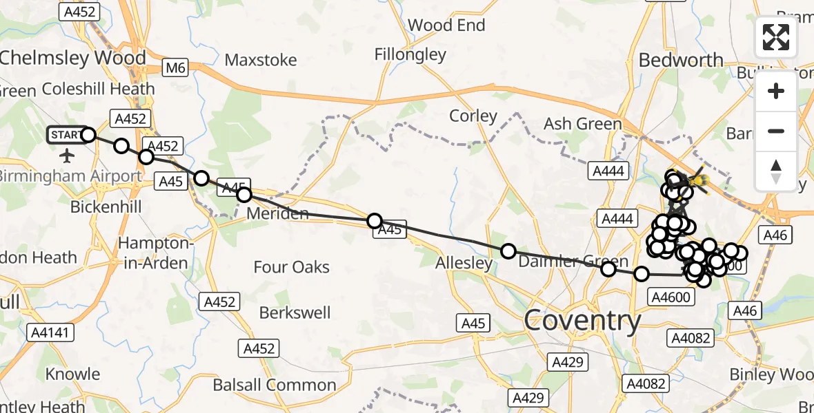 Flight route Police Helicopter Birmingham Airport - Manor House, 16 October 2026, 09:26