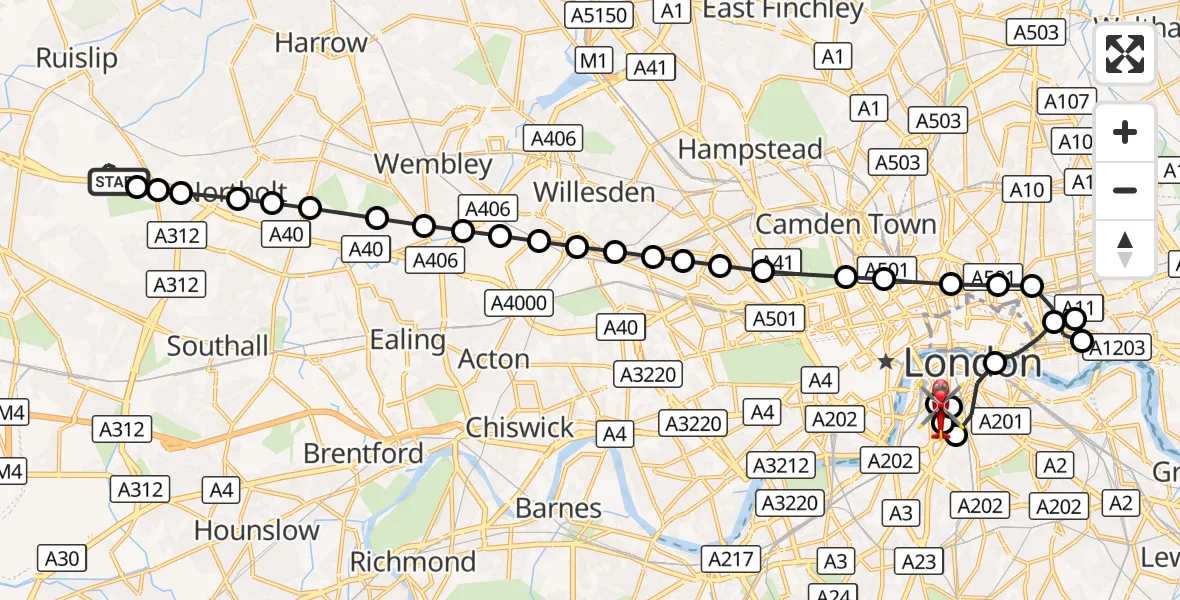 Flight route Air Ambulance Helicopter RAF Northolt - Lambeth, 16 October 2026, 09:44