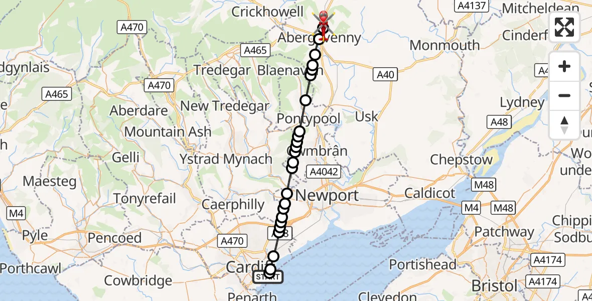 Flight route Air Ambulance Helicopter Cardiff Heliport - Mardy, 16 October 2026, 09:54