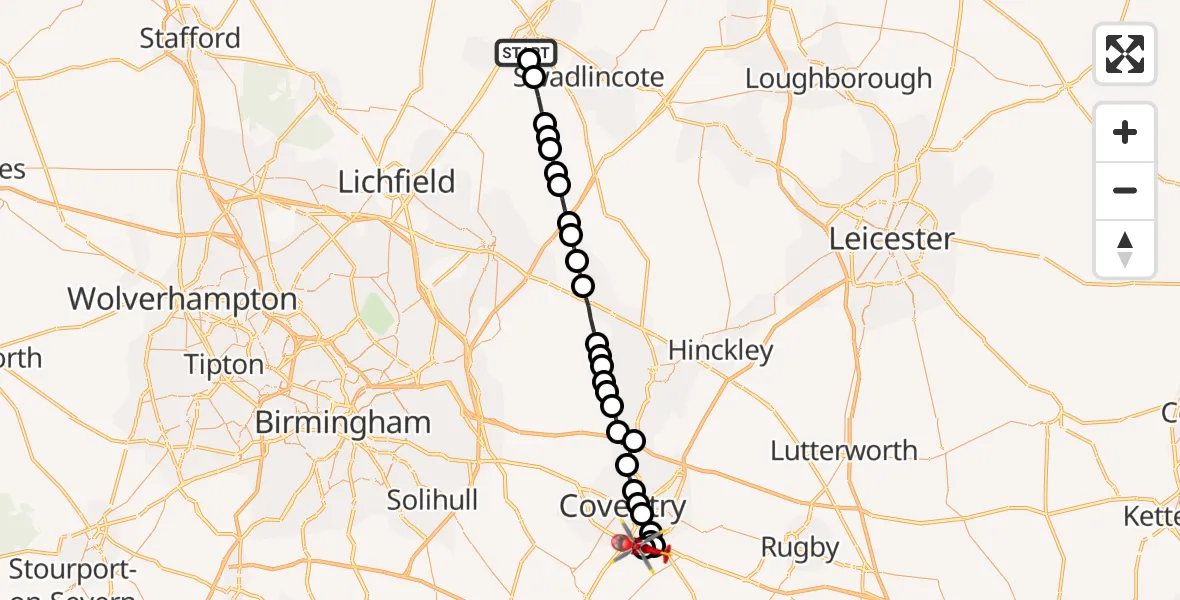 Flight route Air Ambulance Helicopter Burton upon Trent - Coventry Airport, 16 October 2026, 09:54