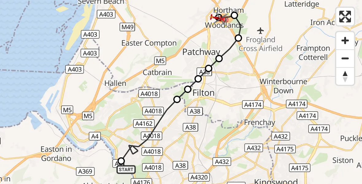 Flight route Air Ambulance Helicopter Bristol - Almondsbury Helicopter Base, 16 October 2026, 10:07