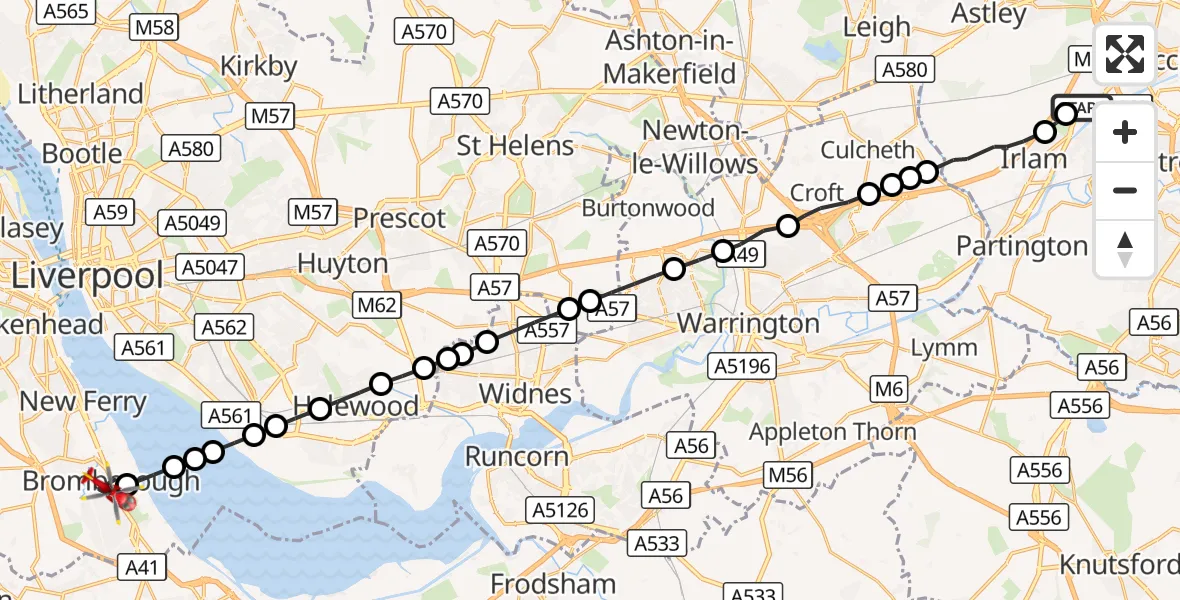 Flight route Air Ambulance Helicopter Manchester Barton Aerodrome - Bromborough, 16 October 2026, 10:22