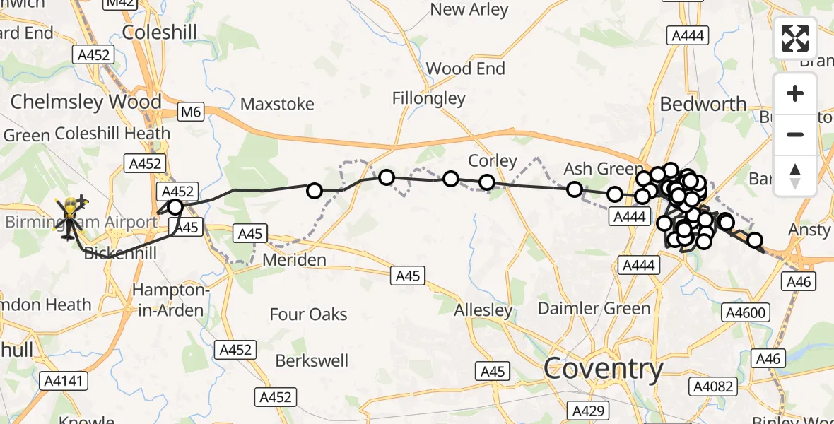 Flight route Police Helicopter Manor House - Solihull, 16 October 2026, 10:24