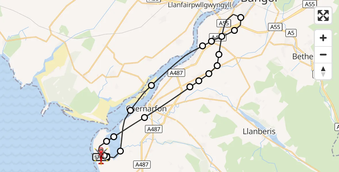 Flight route Air Ambulance Helicopter Caernarfon Airport - Caernarfon Airport, 16 October 2026, 10:37