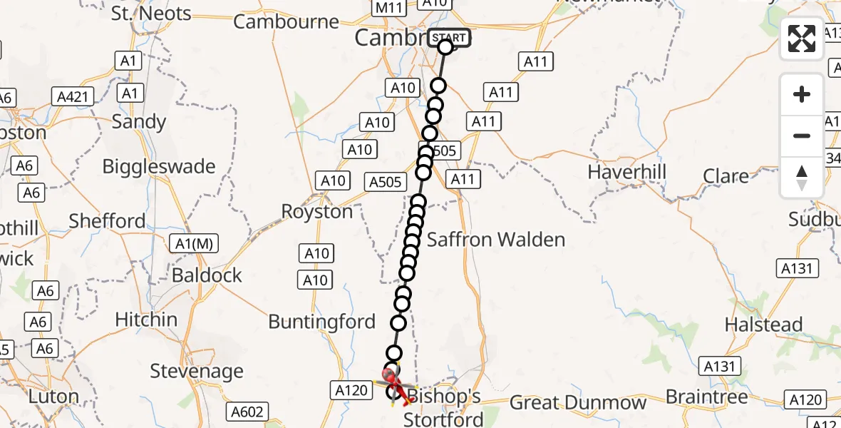 Flight route Air Ambulance Helicopter Cambridge City Airport - Little Hadham, 16 October 2026, 10:40