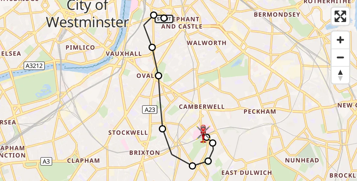 Flight route Air Ambulance Helicopter Elephant and Castle - Kings College London Hospital, 16 October 2026, 10:45