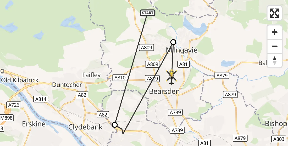 Flight route Police Helicopter Milngavie - Glasgow, 16 October 2026, 10:55